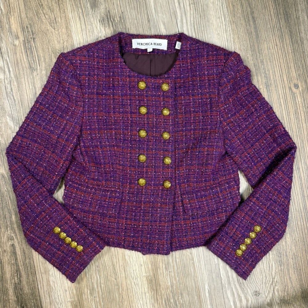 Veronica Beard Royalcore Bentley Tweed Jacket Purple Gold Crest Buttons Size 4